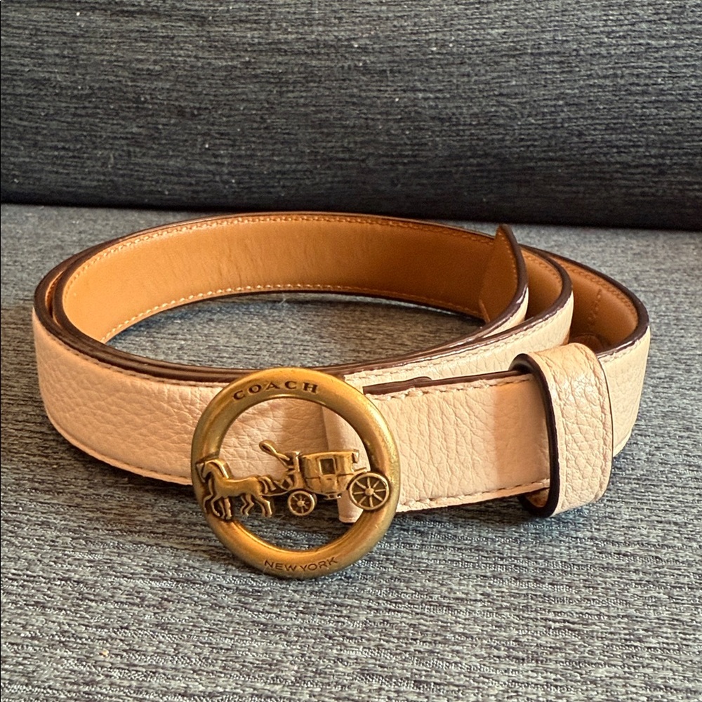 Coach Women's Cream Leather Belt with Gold Buckle